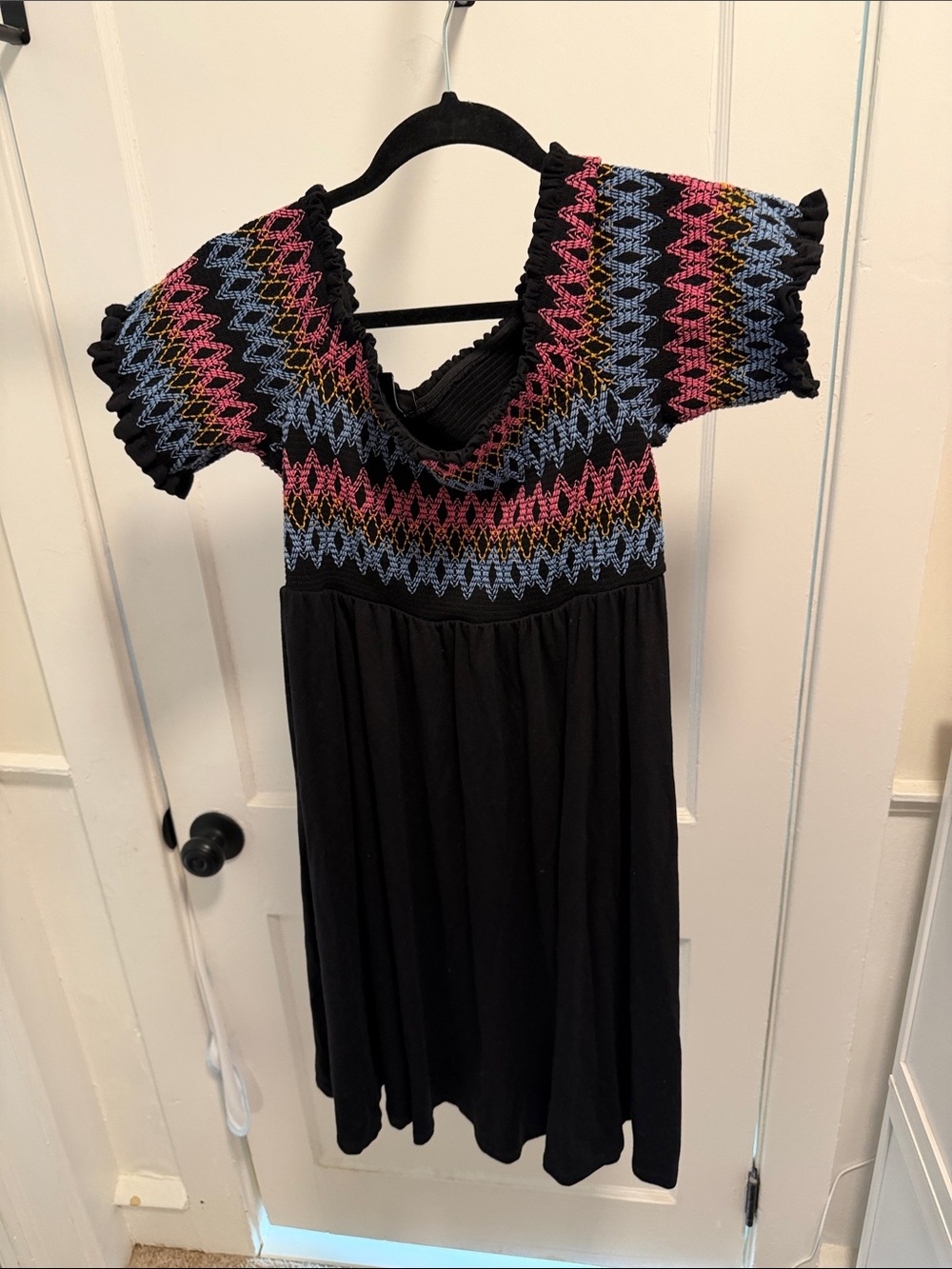 Black Off-Shoulder Tunic Top with Pink, Blue & Gold Embroidered Yoke
